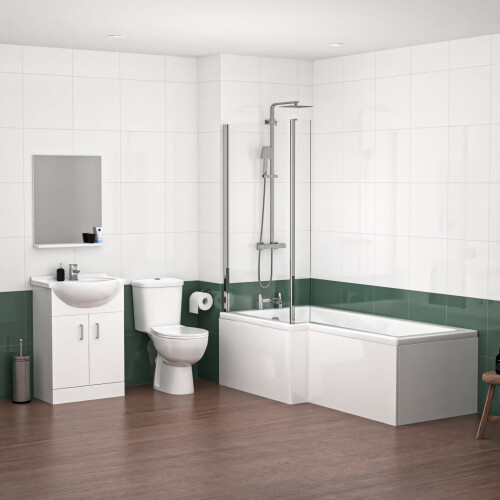 NES Home 1800mm LH L Shaped Bath, Front Panel, Screen With 550mm Vanity & Toilet 1