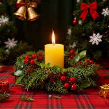 Christmas Candle Ring Flocked Pine with Red Berries and