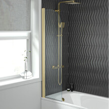 Hinged 400 x 1400mm Bathtub Screen, 5mm Tempered Glass - Brushed Brass