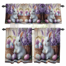 Easter Bunny Eggs Kitchen Curtains Set Purple Flowers