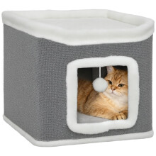Cat House for Indoor Kittens, 2-Level Cat Cave Bed with Fluffy Balls, Top Bed, Kitten Barrel for Multi Kitties, Grey