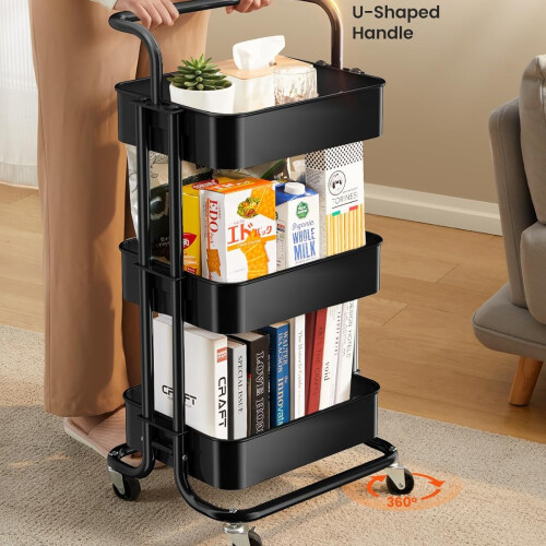 3-Tier Black Metal Utility Cart with Locking Wheels 1