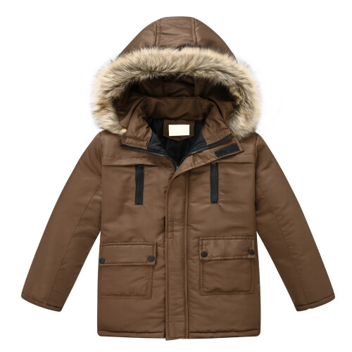 Boys Winter Hooded Parka Brown Size 150