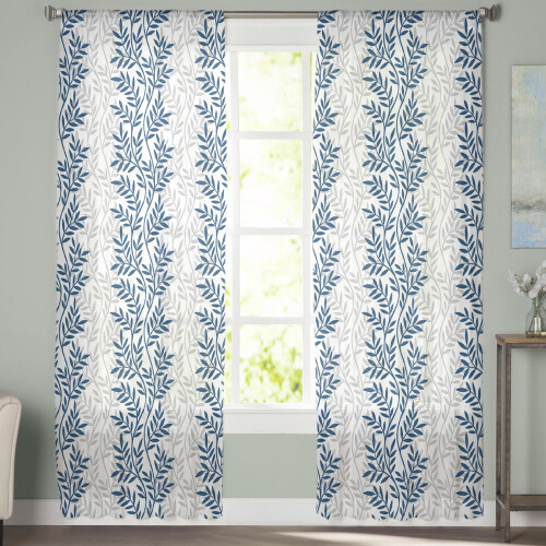 Sheer Curtains Blue Leaf Pattern 52x108 Inch Light