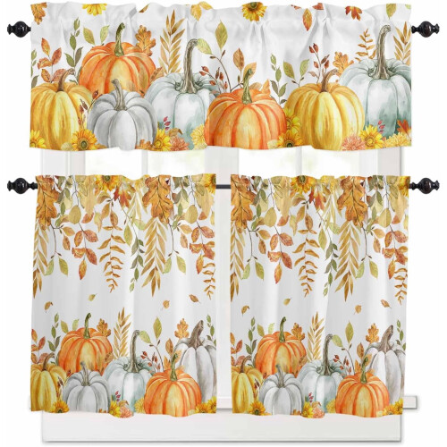 Golden Orange Fall Kitchen Curtains Set Rod Pocket 3-Piece