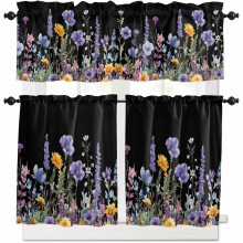 Rideaux de cuisine à motif floral aquarelle violet, 3 pièces
