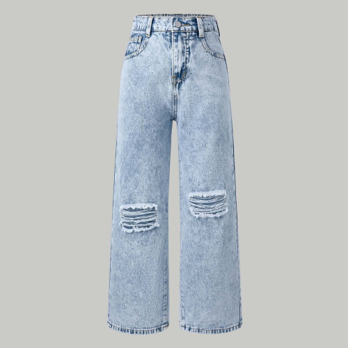 Light Blue Distressed Wide Leg Jeans for Women - Stretch 1