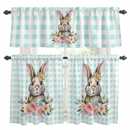Easter Rabbit Kitchen Curtains Set Watercolor Bunny Floral