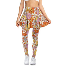 Atmungsaktiver Yoga-Skort für Damen, orange-weißes Blumenmuster, XXL