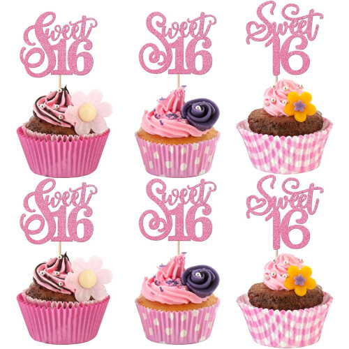Glitzernde Sweet16 Cupcake-Topper, rosa, 10 Stück