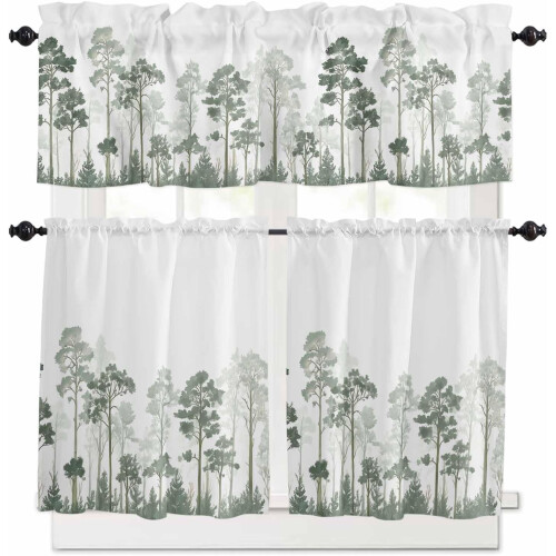 Ensemble de rideaux de cuisine Green Forest style rustique 3 pièces