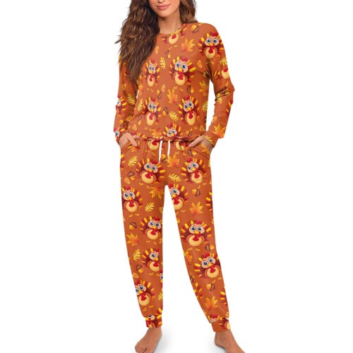 Women's Thanksgiving Pajama Set Turkey Maple Print Long 2