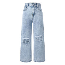 Light Blue Distressed Wide Leg Jeans for Women - Stretch
