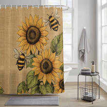 Duschvorhang mit Sonnenblumen- und Bienenmotiv, Leinen, wasserdicht, 36 x 72 Zoll