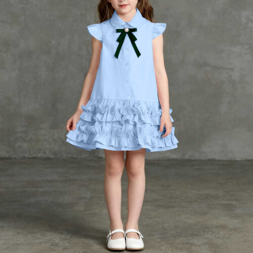 Robe pour fille à manches courtes, boutonnée, col cranté, décontractée