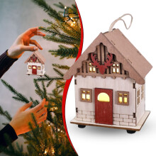 Casetta natalizia in legno rossa con luci LED a luce bianca calda
