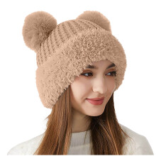 Bonnet tricoté avec pompon en fourrure pour femme, kaki, taille M