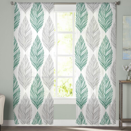 Sheer Curtains Grey Green Olive Leaf 52x108 Inch Voile