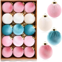 Velvet Christmas Ornaments Pink Green Beige 15pcs 80mm