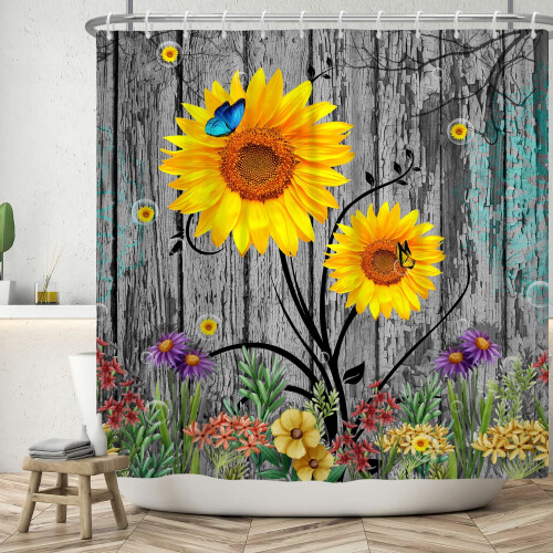 Ρουστίκ Ξύλινη Κουρτίνα Μπάνιου Κίτρινη Floral 72x78 Ίντσες 2