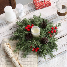 Christmas Candle Ring Wreath Flocked Pine Red Berries
