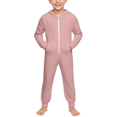 Kids Hooded Zip-Up Jumpsuit with Pockets Solid Color