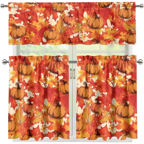 Red Pumpkin Fall Leaf Kitchen Curtains Valance and Tier Set 2