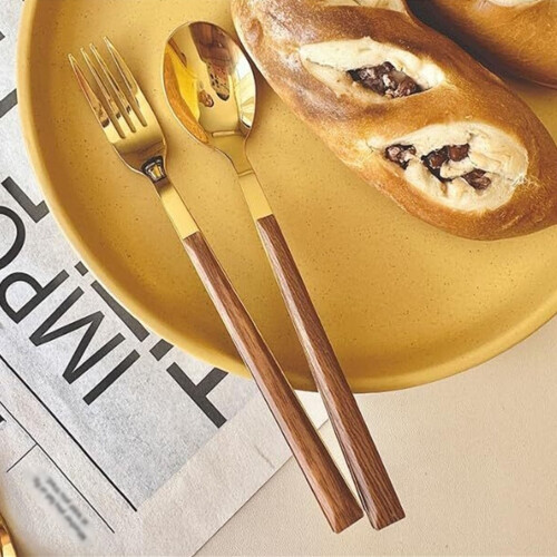 Stainless Steel Flatware Set with Wood Handles 5 Pieces 2