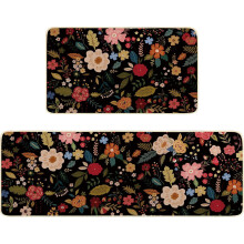 Boho Kitchen Mat Set 2 pcs 17x47in and 17x30in Black Floral