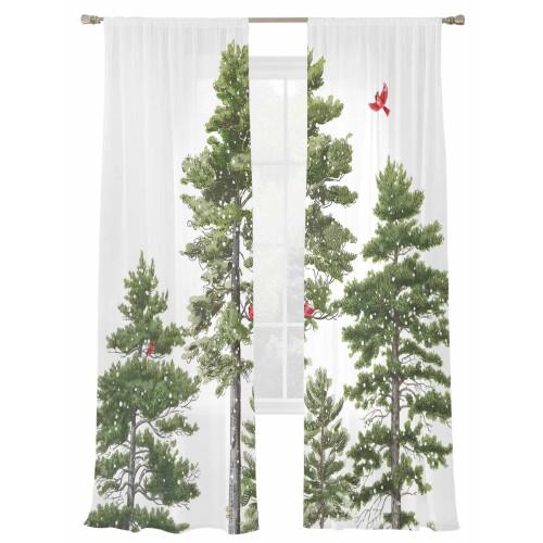 Cardinal Red Bird Snowfall Sheer Curtains 2 Panels 52x84