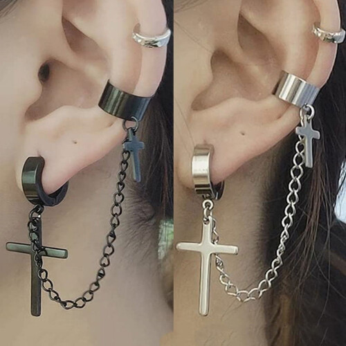 Punk Cross Tassel Earrings Metal Chain Clip Stud 1