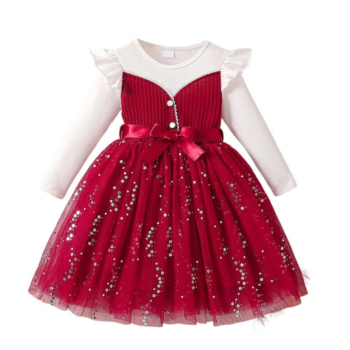 Mädchenkleid mit langen Ärmeln, einfarbig, mit Schleife und transparentem Netzstoff 1