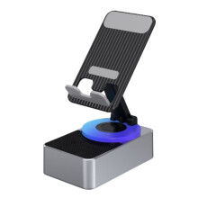 Support de Téléphone Portable 3 en 1, Banque D'Alimentation Audio, Haut-Parleur D'Appel , Bureau Rotatif Pliable Multifonction, Gris