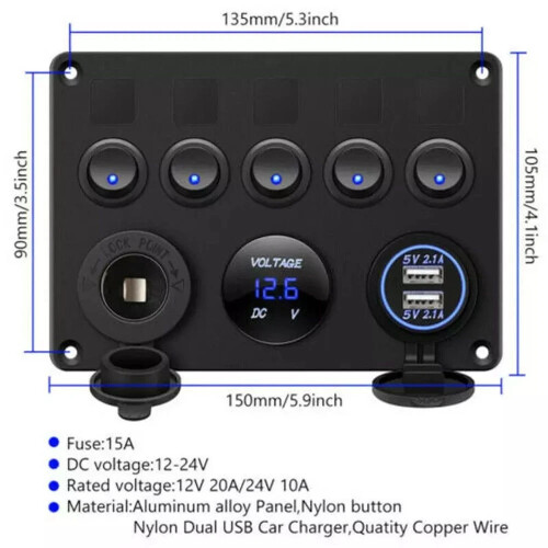 5 Gang 12V 24V LED Light Switch Control Panel For Camper RV Car Boat Waterpoor 1