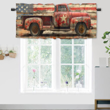 Red Vintage Truck and USA Flag Window Valance Rod Pocket