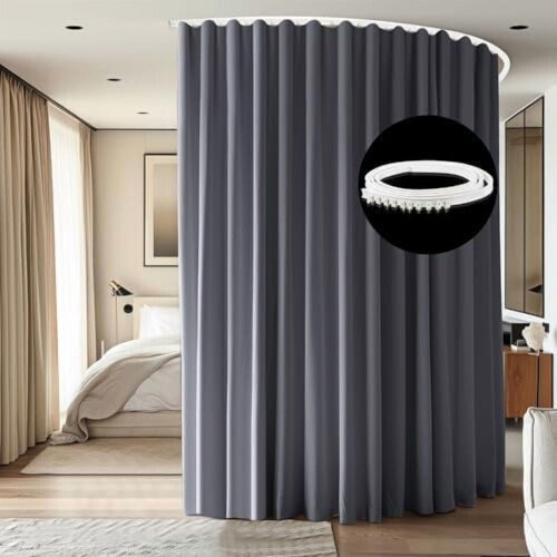 Ceiling-Mounted Room Divider Track Set Grey Drape White