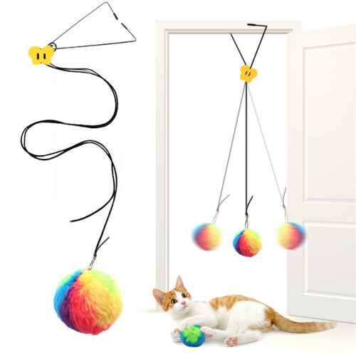 Elastic String Door Toy with Colorful Plush Ball for Cats 1