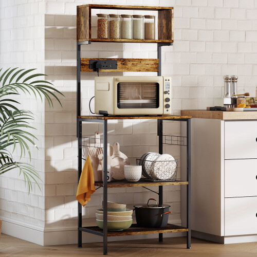 Homcom HOMCOM Bakers Rack with Power Outlet, 5 Hooks, Microwave Stand, Brown 1