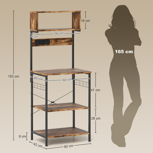 Homcom HOMCOM Bakers Rack with Power Outlet, 5 Hooks, Microwave Stand, Brown 2