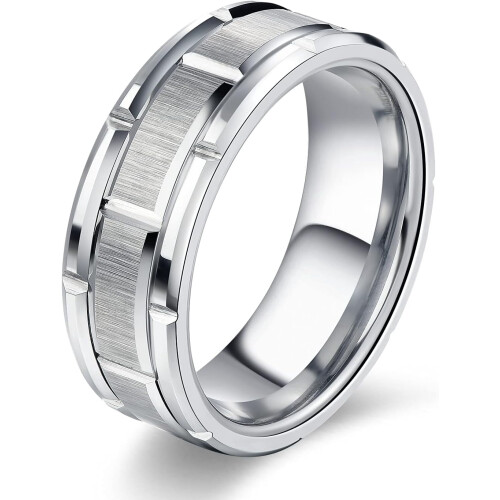 Men's Silver Wedding Band with Brick Pattern Brushed Finish