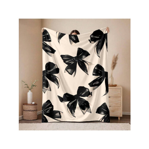 Black Bow Flannel Blanket Beige Black Queen King 1