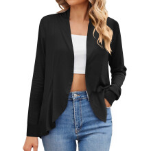 Women's Black Cotton Kimono Cardigan Open Front Long Sleeve