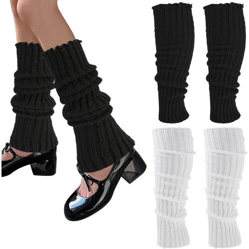 Knit Leg Warmers Black White 2 Pairs Stretchy