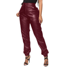 Women's Faux Leather Baggy Jogger Cargo Pants Red M