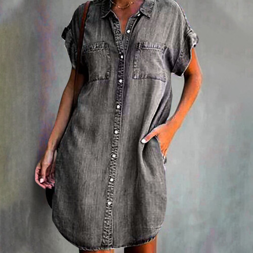 Women's Solid Color Denim-Style Mini Dress with Chest 1