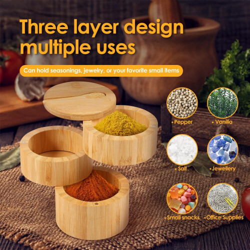 Bamboo Salt Cellar with Magnetic Lid and Spoon 3-Tier 1
