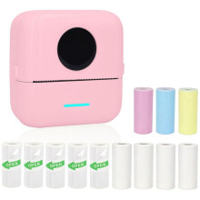 Draagbare Miniprinter, Inktloze Stickerprinter met 12 Rollen Papier, -Thermische Printer Voor Notities/Foto'S/Stickers, Roze