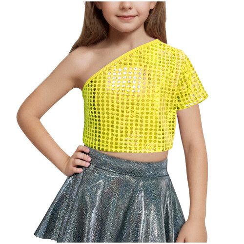Girls One-Shoulder Short-Sleeve Sequin Crop Top