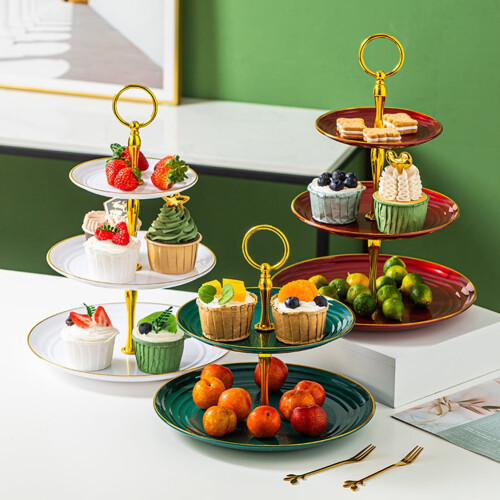 3-Tier Cake Stand Plastic Dessert Stand with Golden Handle 2