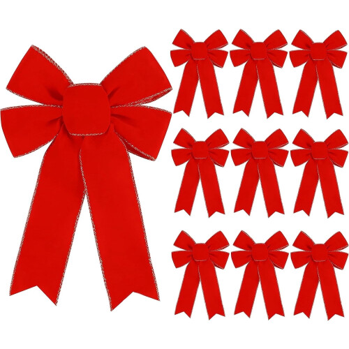 Christmas Red Bow Decorations with Glitter Gold Edge 10 pcs